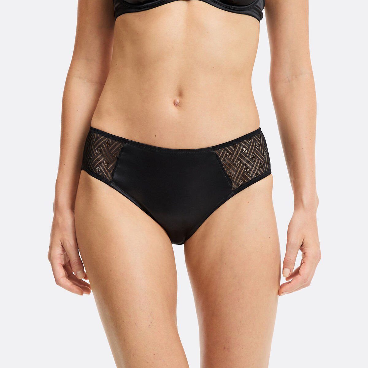 Mutandine alte in pizzo e raso elasticizzato FLORIA nero , ANNE WEYBURN