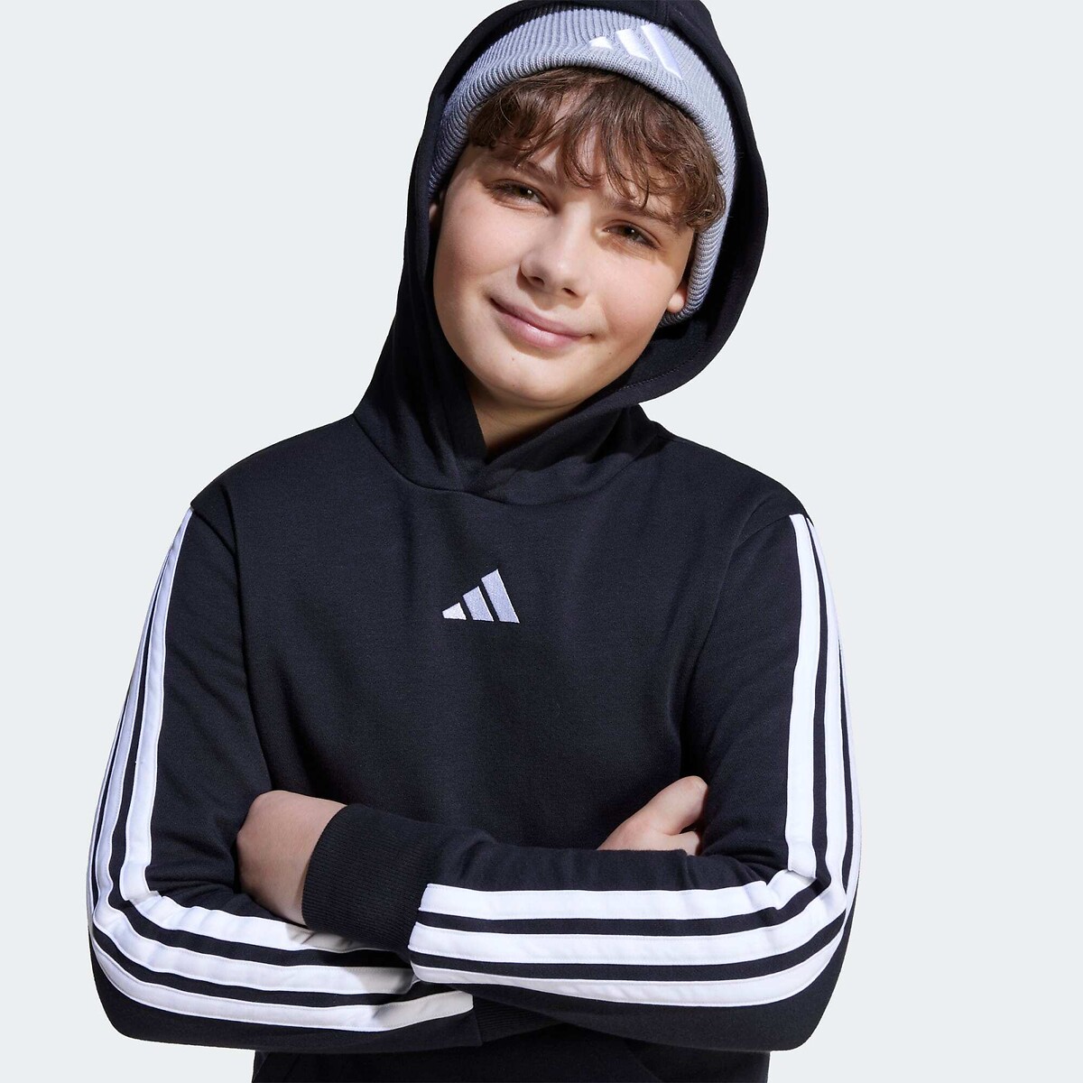 Felpa con cappuccio in tessuto garzato, 3 bande, ESSENTIALS nero , adidas Performance