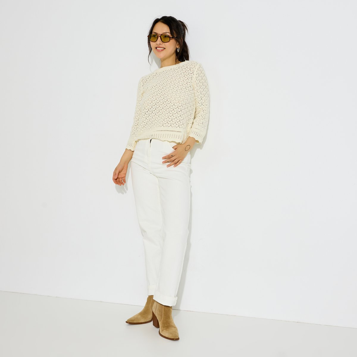 Pull col rond ajouré blanc cassé, GRAIN DE MALICE