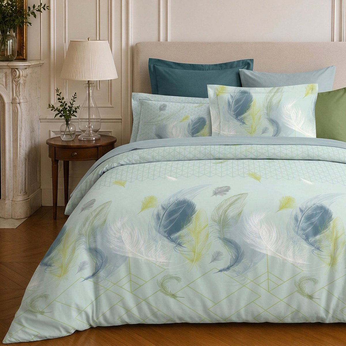 Parure de lit en microfibre motif tropical, PALOMA vert d'eau, C DESIGN HOME TEXTILE