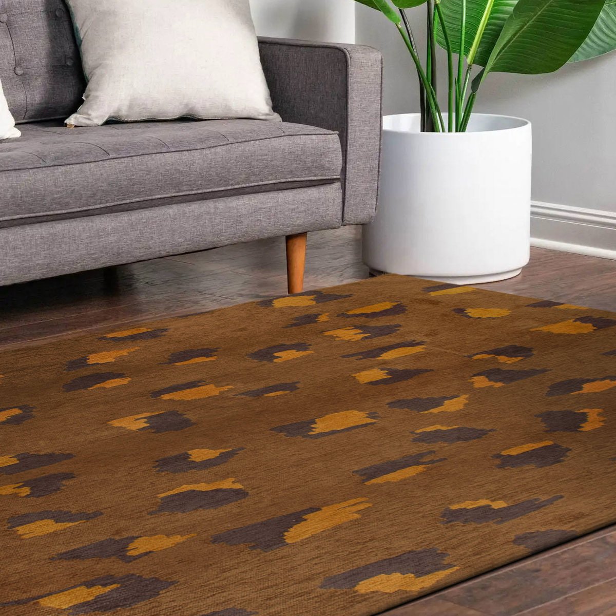 Tapis intérieur extérieur jacquard, LEO marron terreux avec touches ocre et ardoise, RECOLLECTION