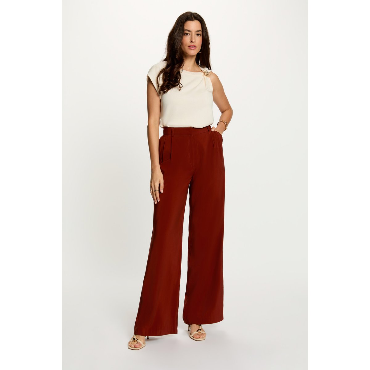 Pantalon large fluide marron cognac, MORGAN