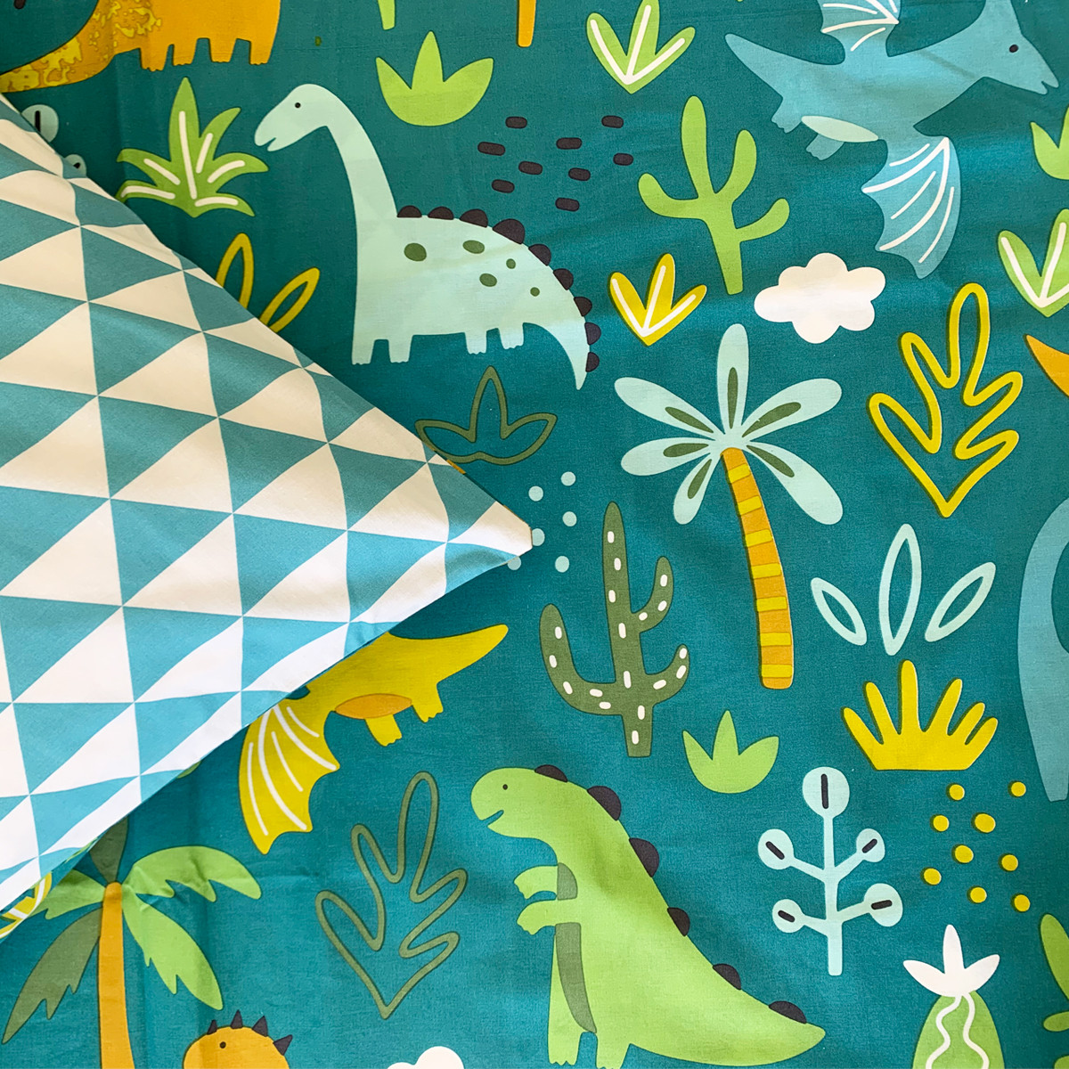 Parure de lit enfant réversible imprimé Dinosaure DINO vert, FUTURE HOME