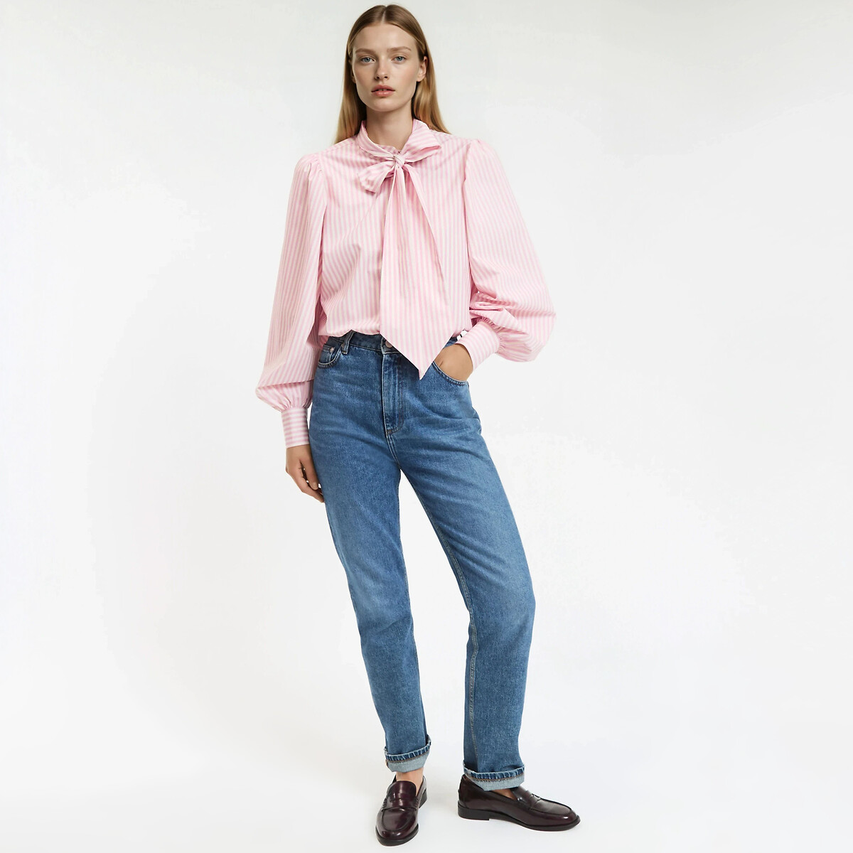 Striped pussy bow blouse with long sleeves pink/white striped, LA REDOUTE COLLECTIONS