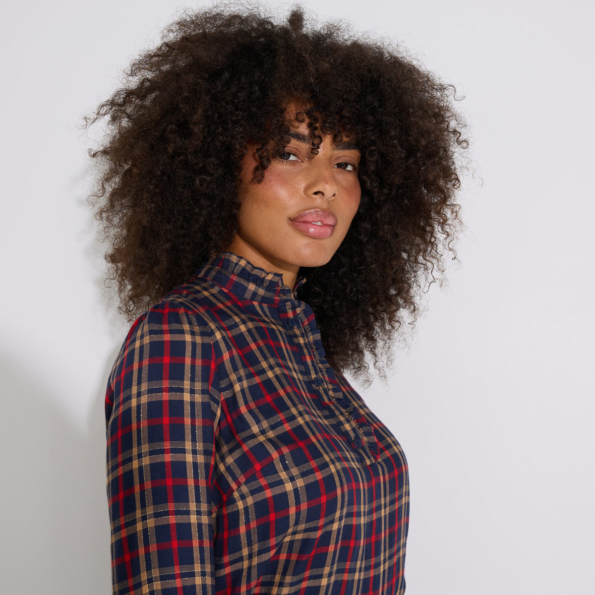 Blouse à carreaux col montant bleu marine, GRAIN DE MALICE
