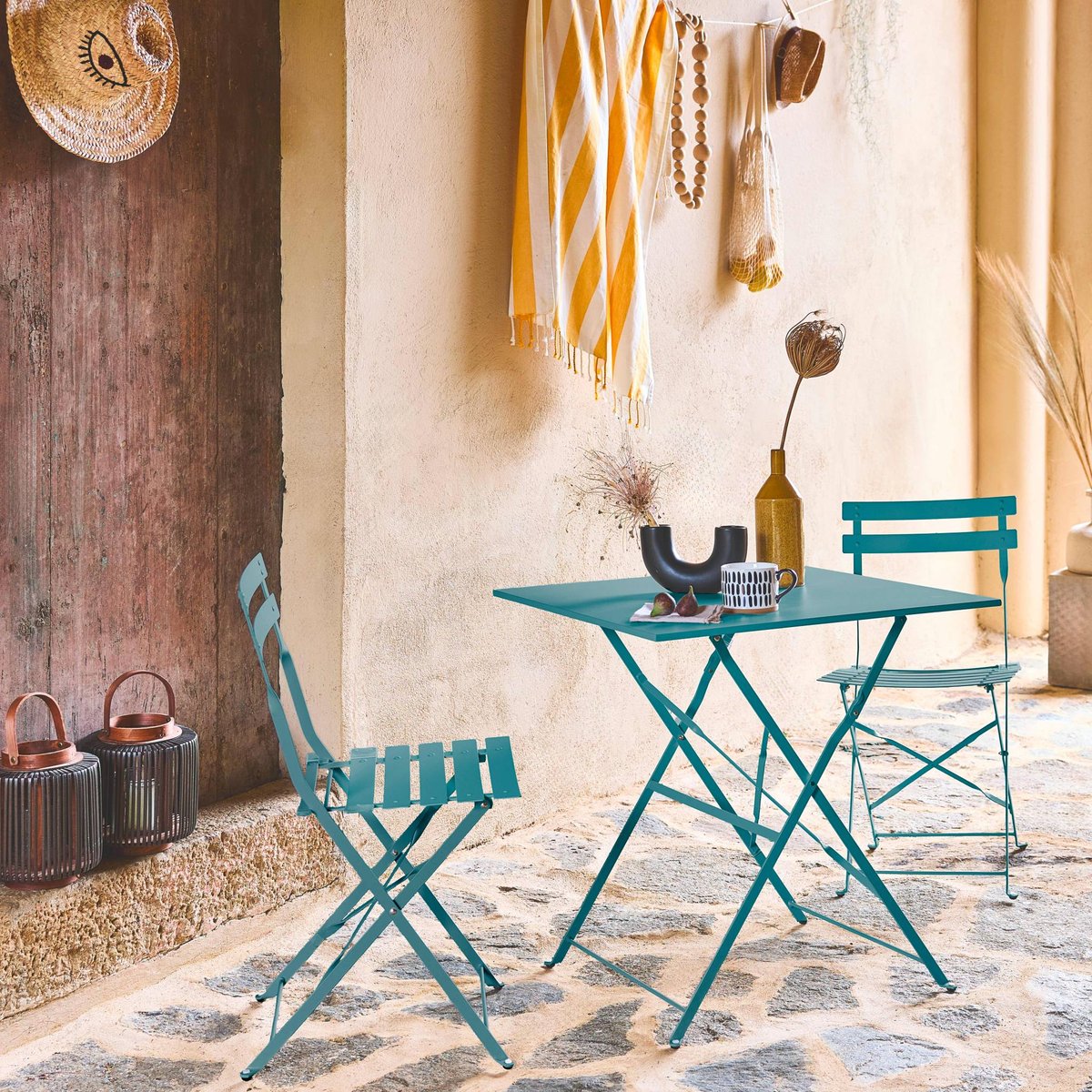 Table de jardin bistrot pliante métal + 2 assises EMILIA bleu canard, SWEEEK