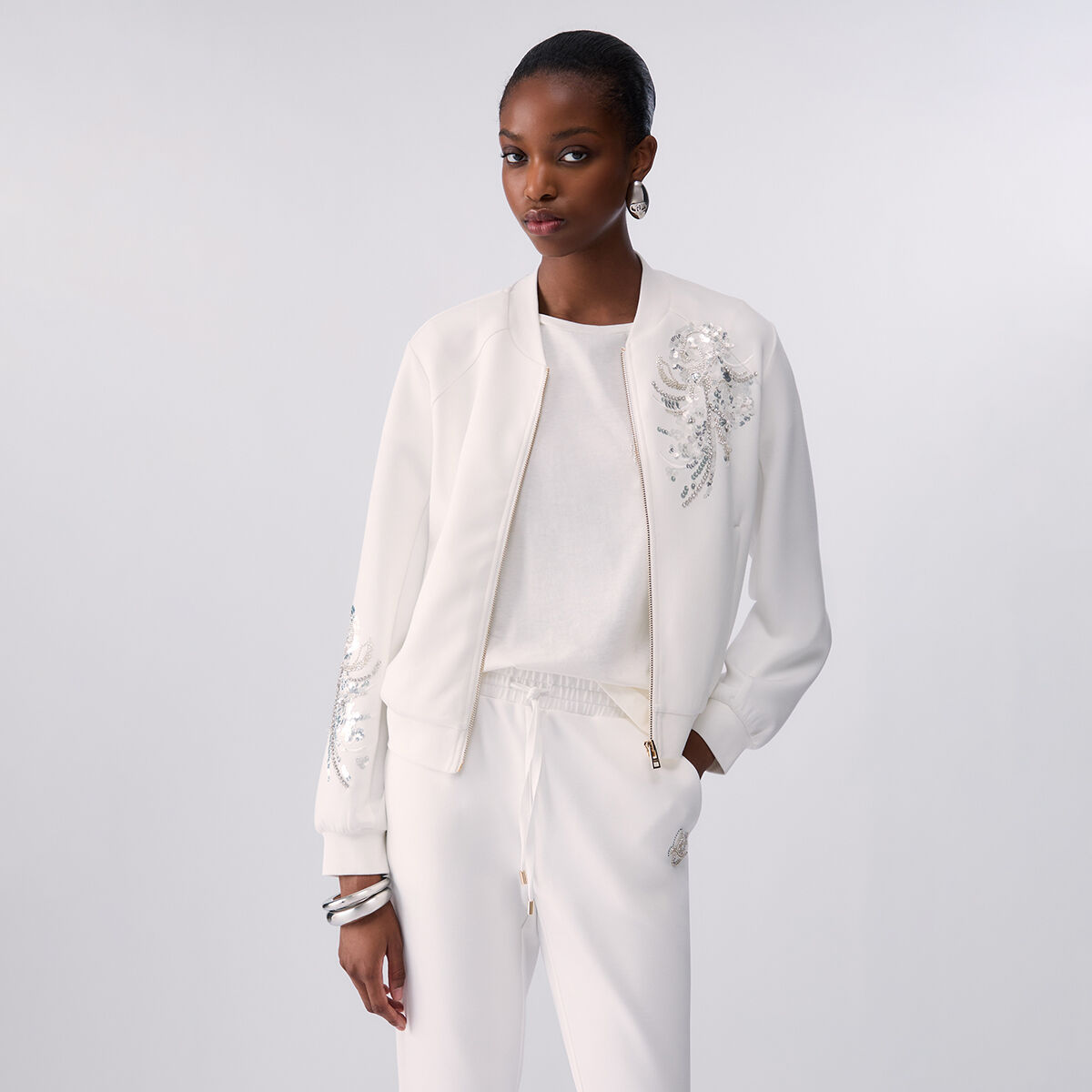 Sweat-shirt zippé et broderies bijoux blanc laine, LIU JO