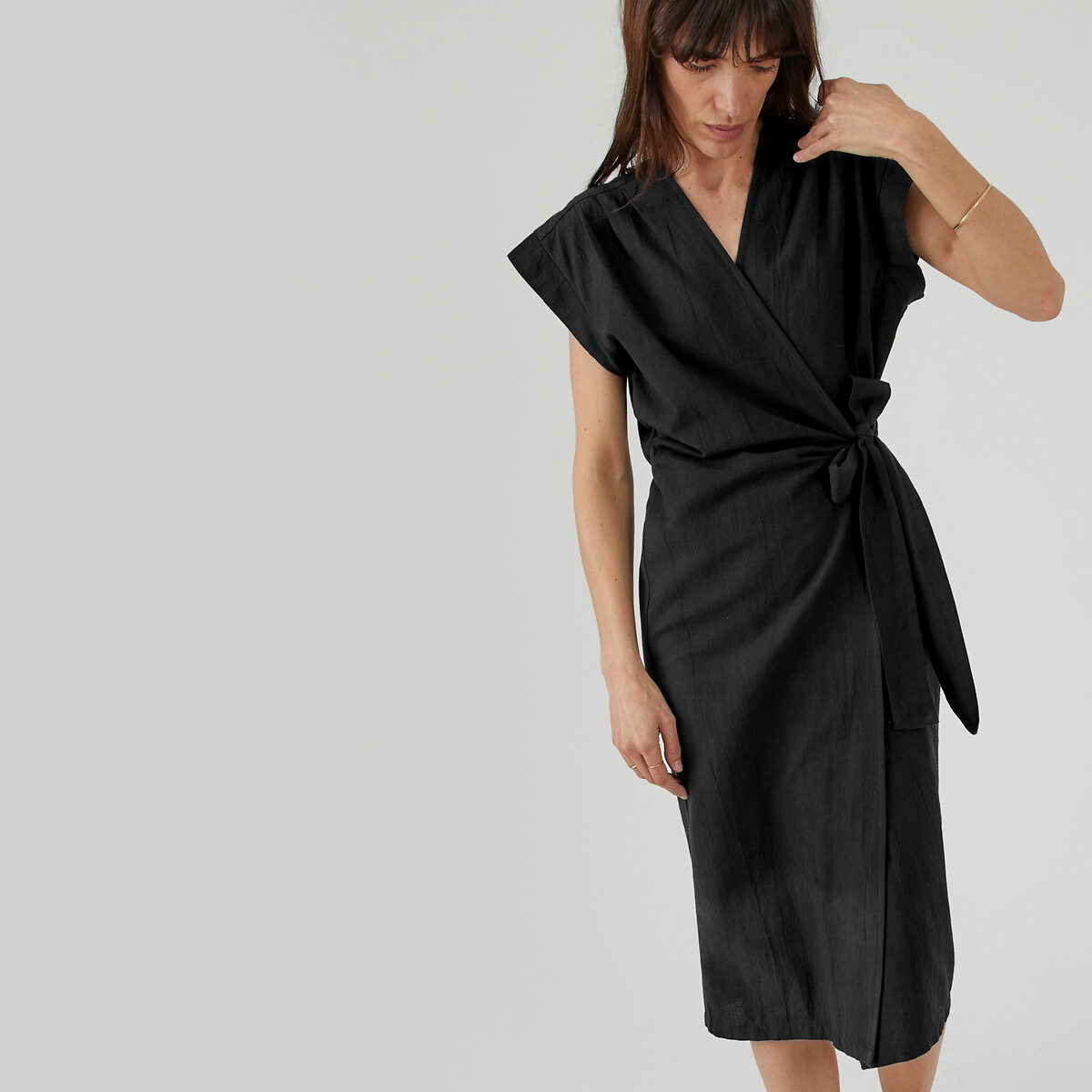 Robe droite portefeuille lin/noir, LA REDOUTE COLLECTIONS