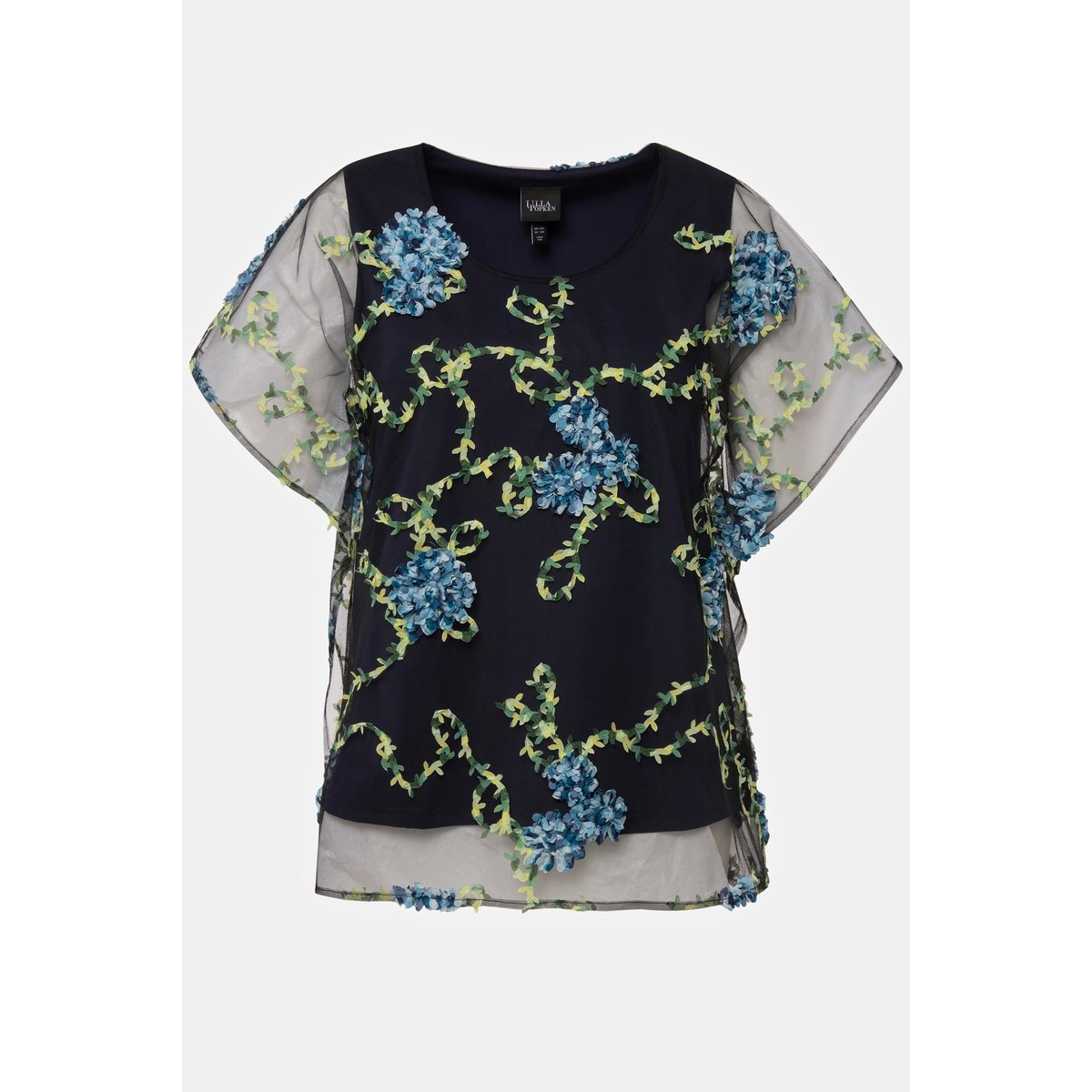 Blouse, broderie florale, doublée, col rond bleu nuit, ULLA POPKEN