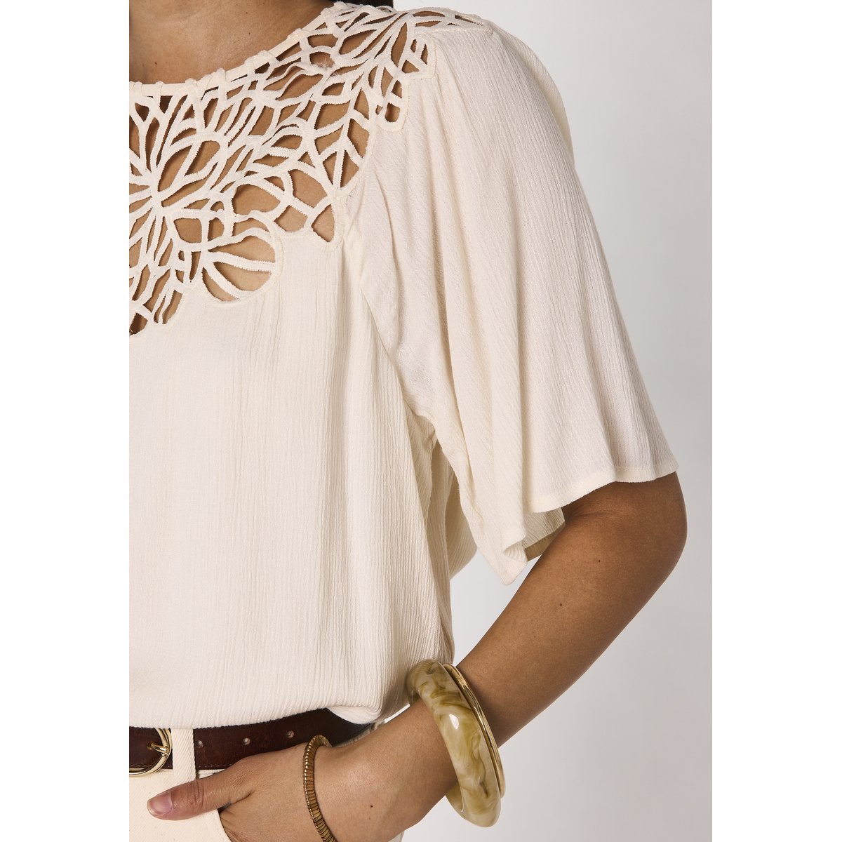 Blouse dentelles à manches courtes MELISSA creme, Maison 123