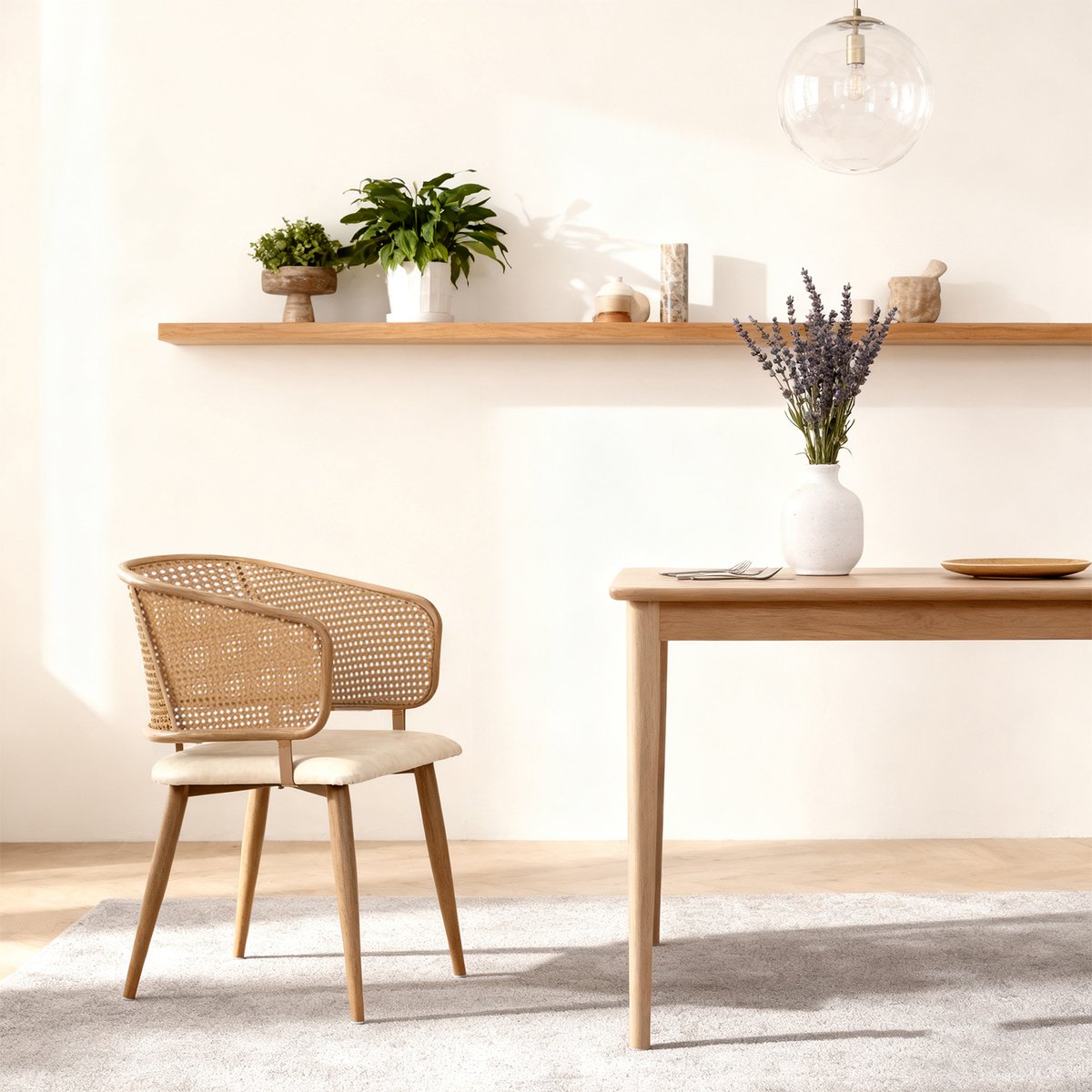 Lot de 2 chaises de salle à manger en velours avec dossier en rotin style moderne et confortable, DEWR beige, MEUBLES COSY