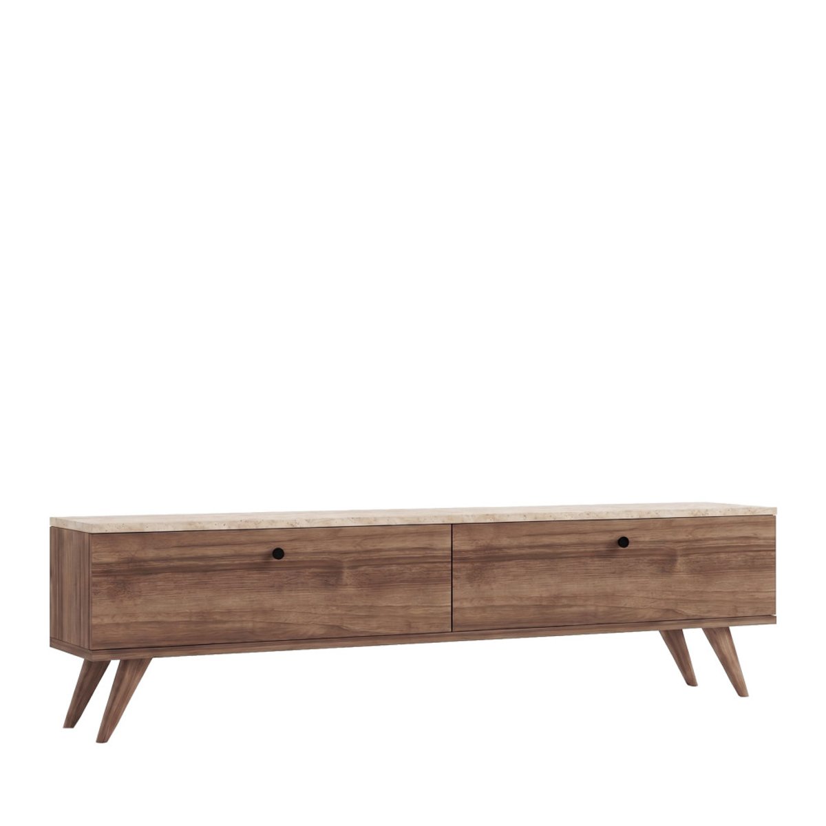 Meuble TV 2 portes plateau effet travertin et bois L160cm- YARA bois foncé, DRAWER