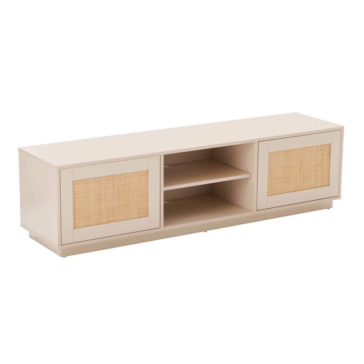 Meuble TV effet bois et cannage en rotin naturel 160 cm style bohème, WALTER crème, OVIALA