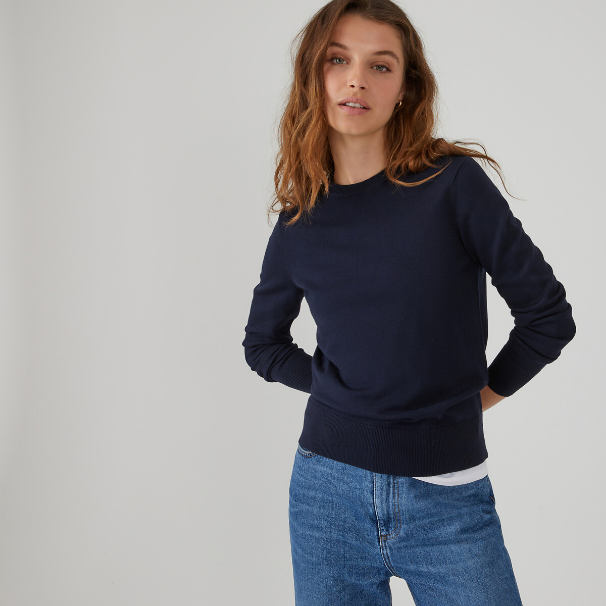Pull col rond, manches longues bleu marine, LA REDOUTE COLLECTIONS