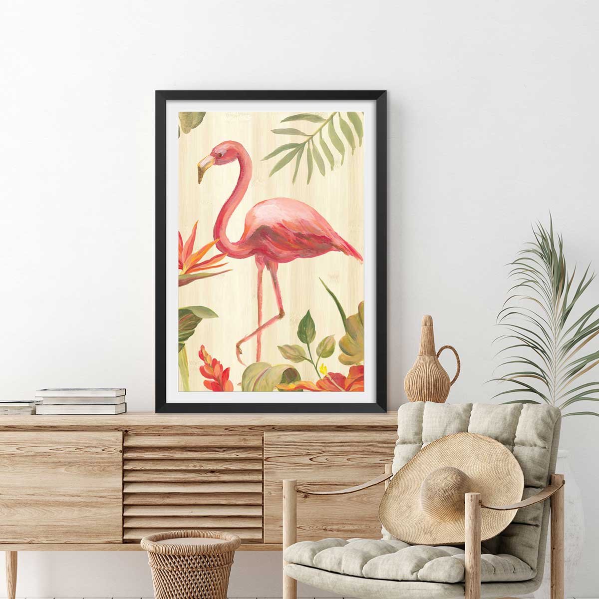 Poster Flamant rose tropical affiche + cadre en bois - noir, HEXOA