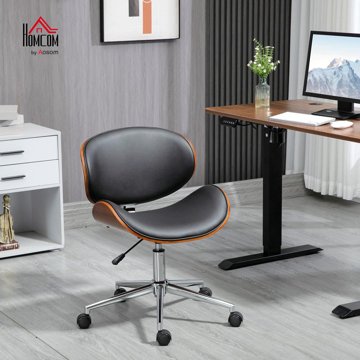 Chaise de bureau Revêtement synthétique PU noir et bois, HOMCOM
