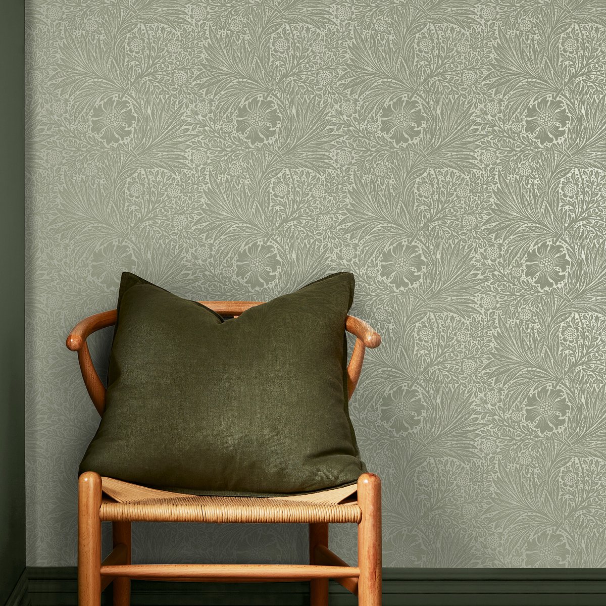 Papier peint Fleurs de souci un matin de printemps vert sauge, vert métallisé, WILLIAM MORRIS AT HOME