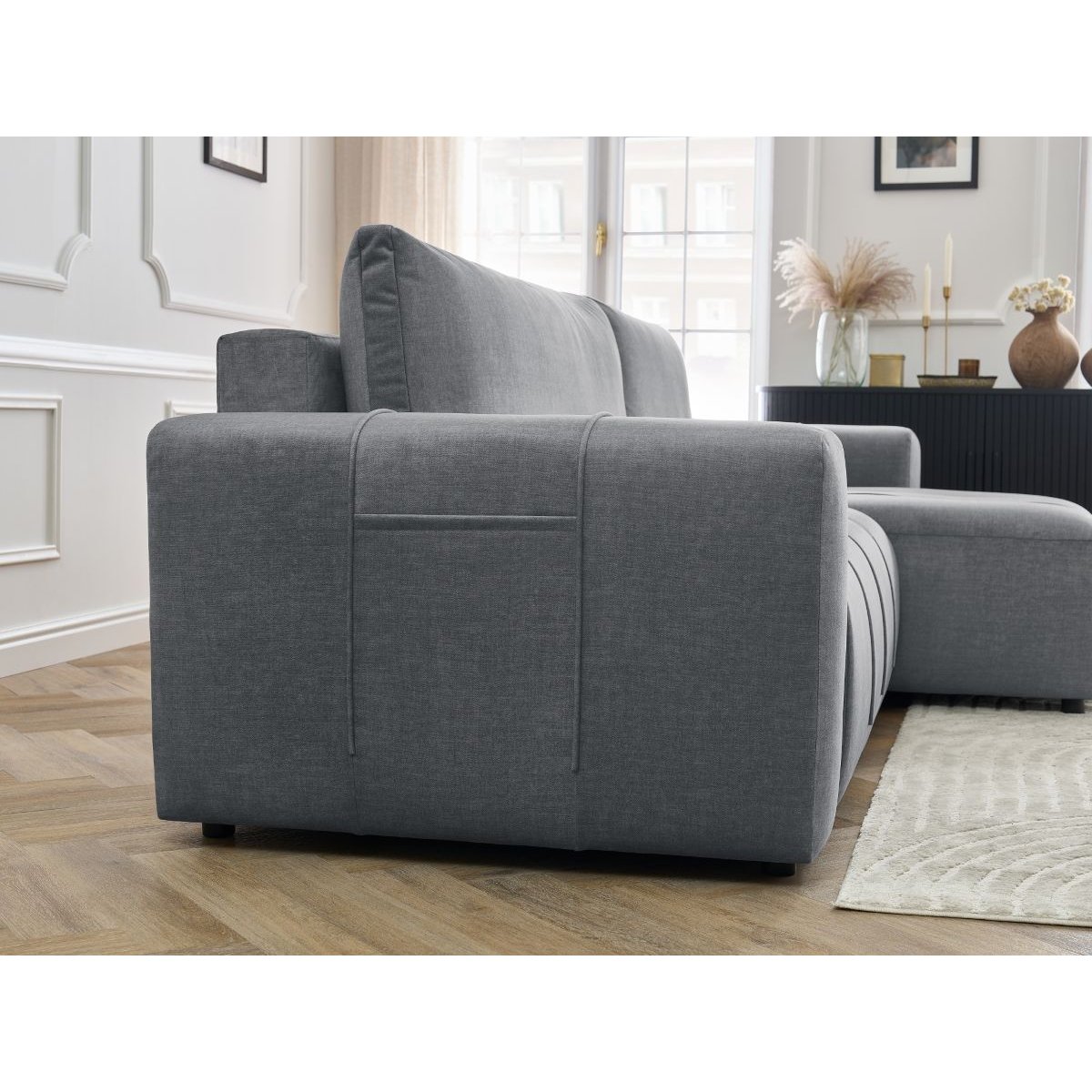 Canapé d'angle convertible 3 places en velours, ARSENE gris foncé, BOBOCHIC