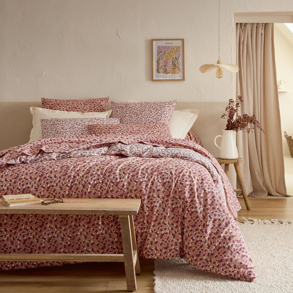 Drap plat en coton réversible imprimé floral prune, TRADILINGE