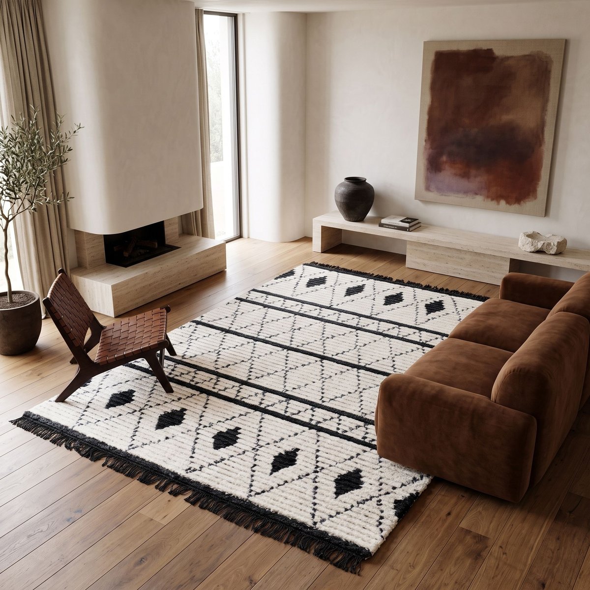 Tapis salon tout doux losanges    STEPPE LOSANGES beige gris foncé, THE DECO FACTORY