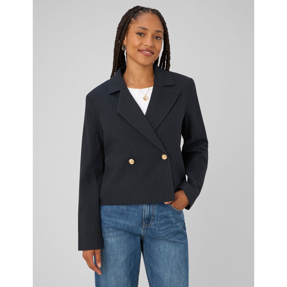 Blazer court rayé bleu foncé, BZB