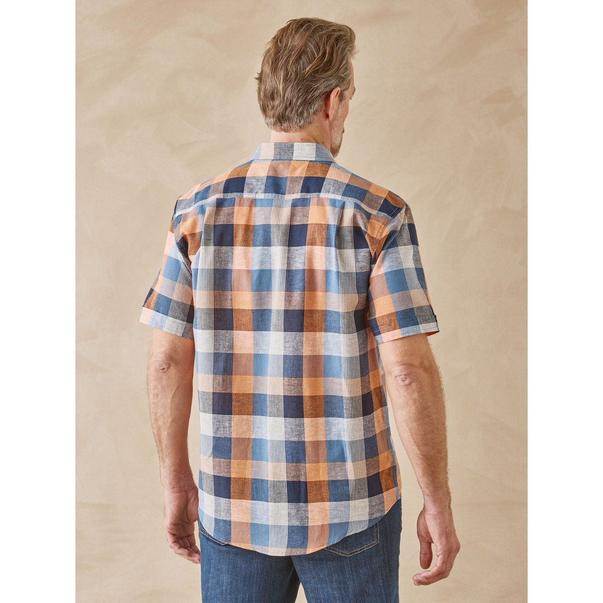 Chemise manches courtes en coton et lin orange bleu, DAXON