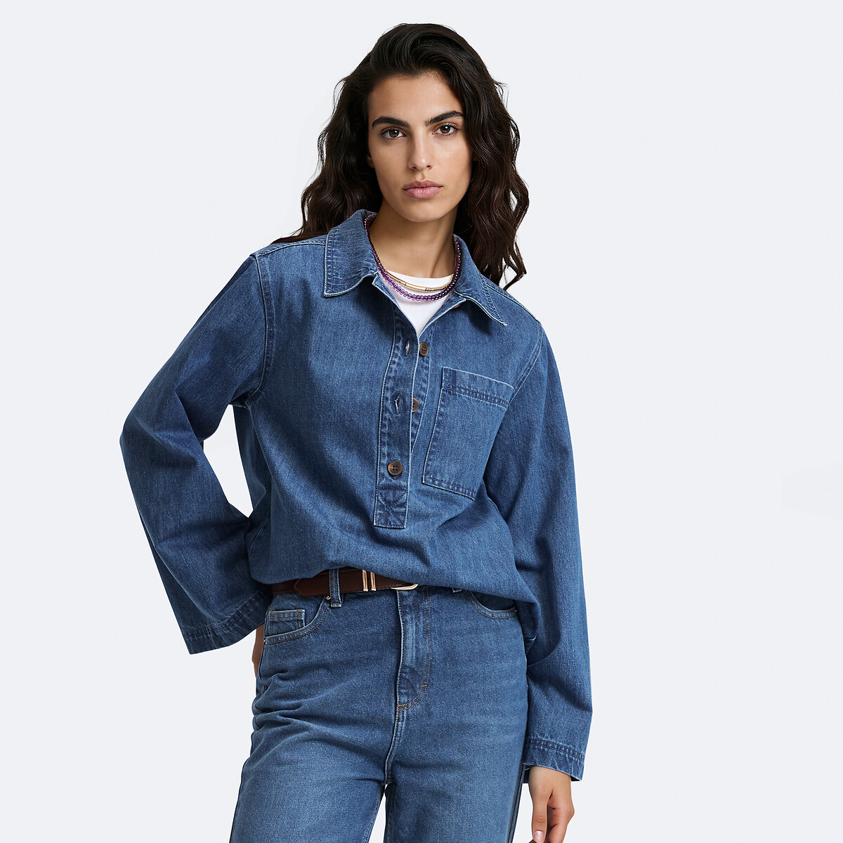 Sailor-Style Denim Shirt stonewashed blue, LA REDOUTE COLLECTIONS