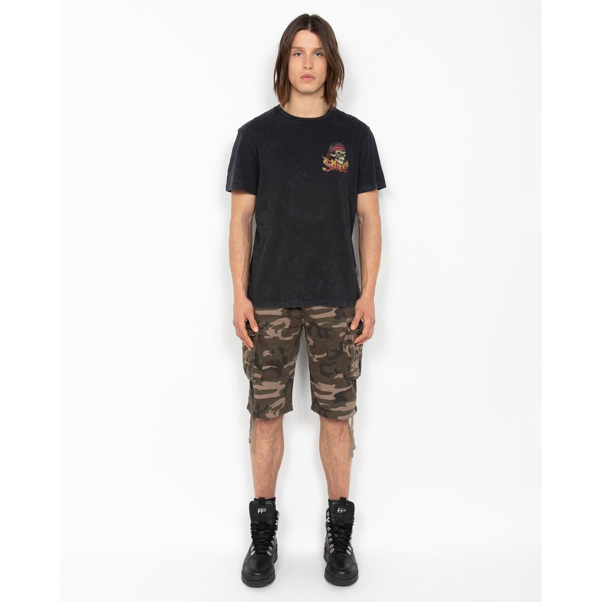 T-shirt biker, effet flammé noir délavé, SCHOTT