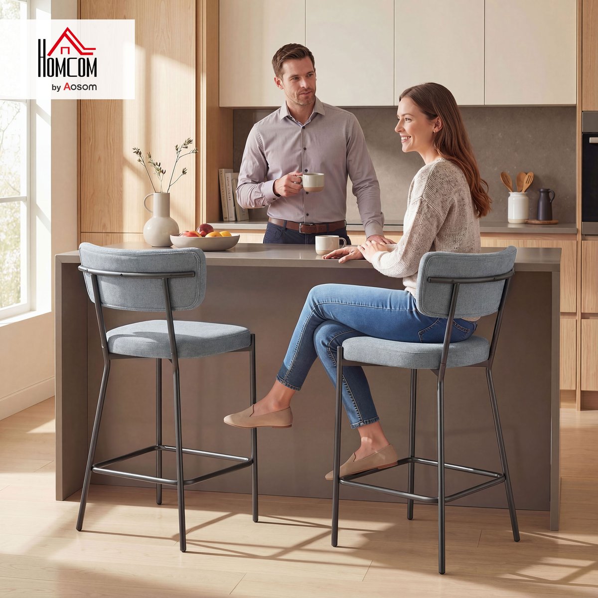 Tabouret de bar Tissu effet lin (100 % gris clair, HOMCOM