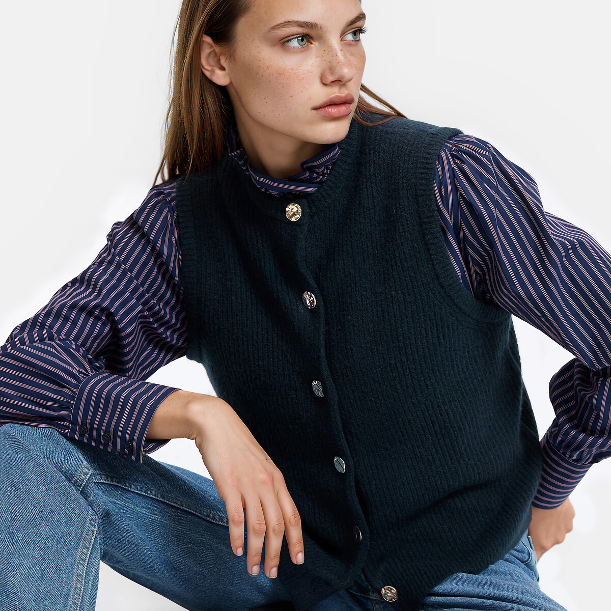 Gilet sans manches en maille côtelée bleu marine, LA REDOUTE COLLECTIONS