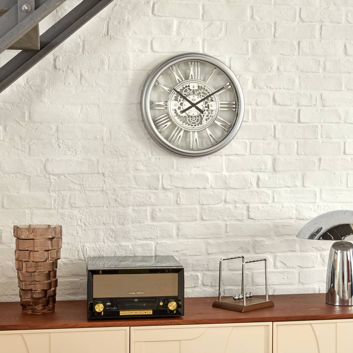 Horloge murale rouages apparents RICKY argent, ATMOSPHERA