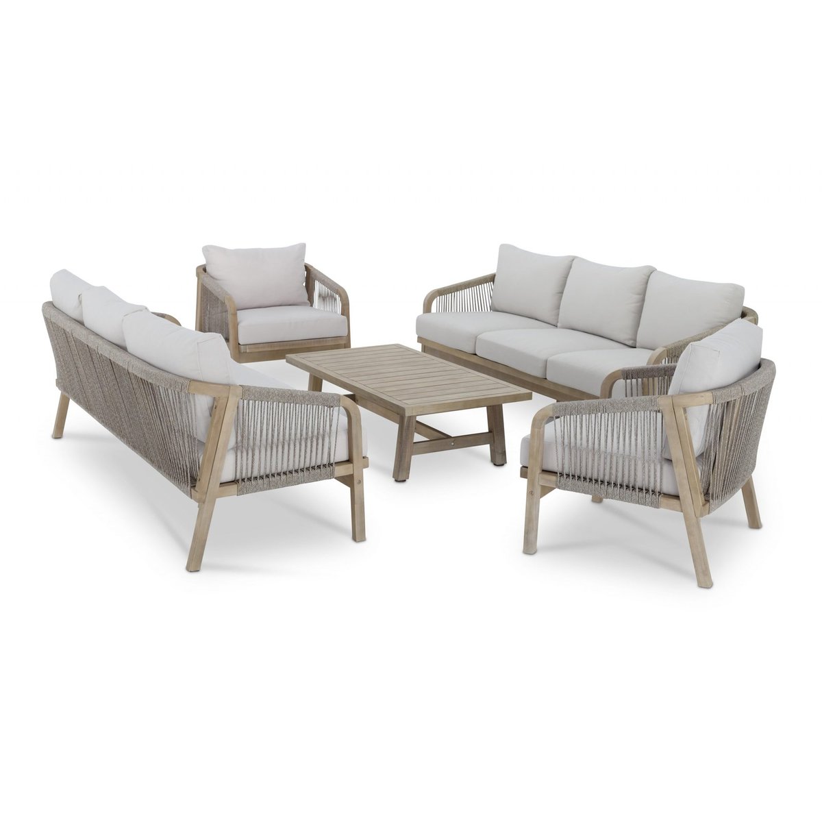 Salon de jardin 8 places, bois, SIENA structure en bois couleur clair, corde beige-marron, coussin beige, DEFORA HOME
