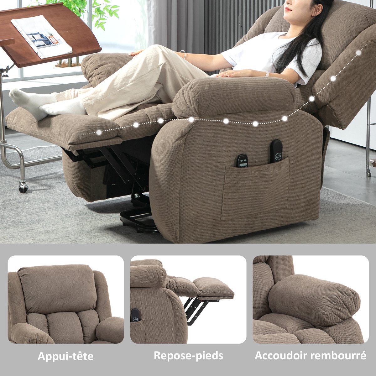 Fauteuil releveur multifonctionnel Velours marron clair, HOMCOM