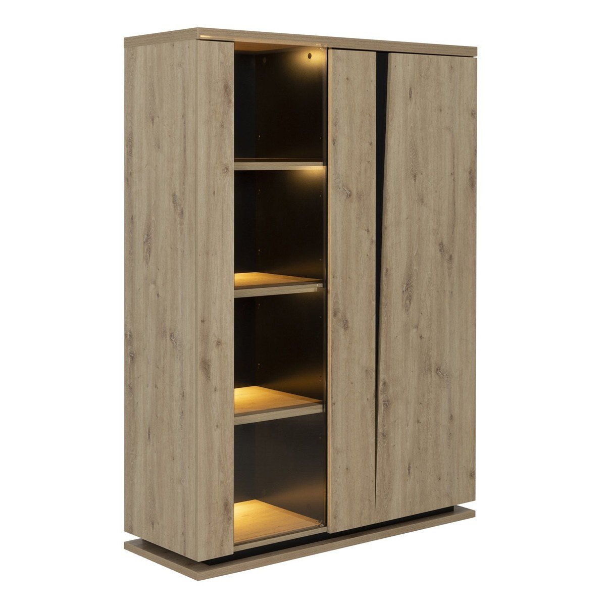Ensemble vaisselier 2 portes avec éclairage avec table à manger extensible et table basse 1 tiroir Crack - Fabrication Française bois clair, CALICOSY