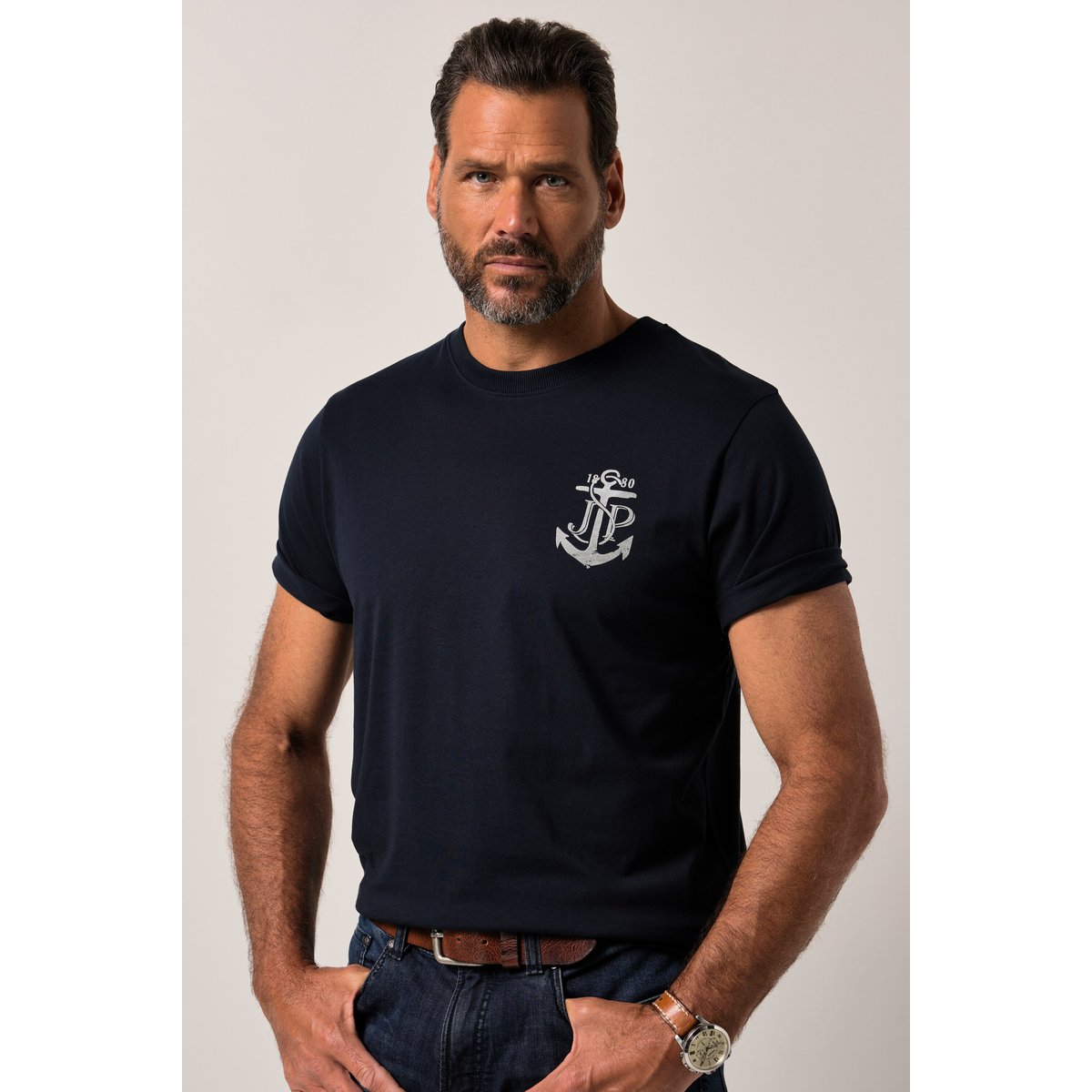T-shirt, manches courtes. Imprimé poitrine bleu marine, JP1880