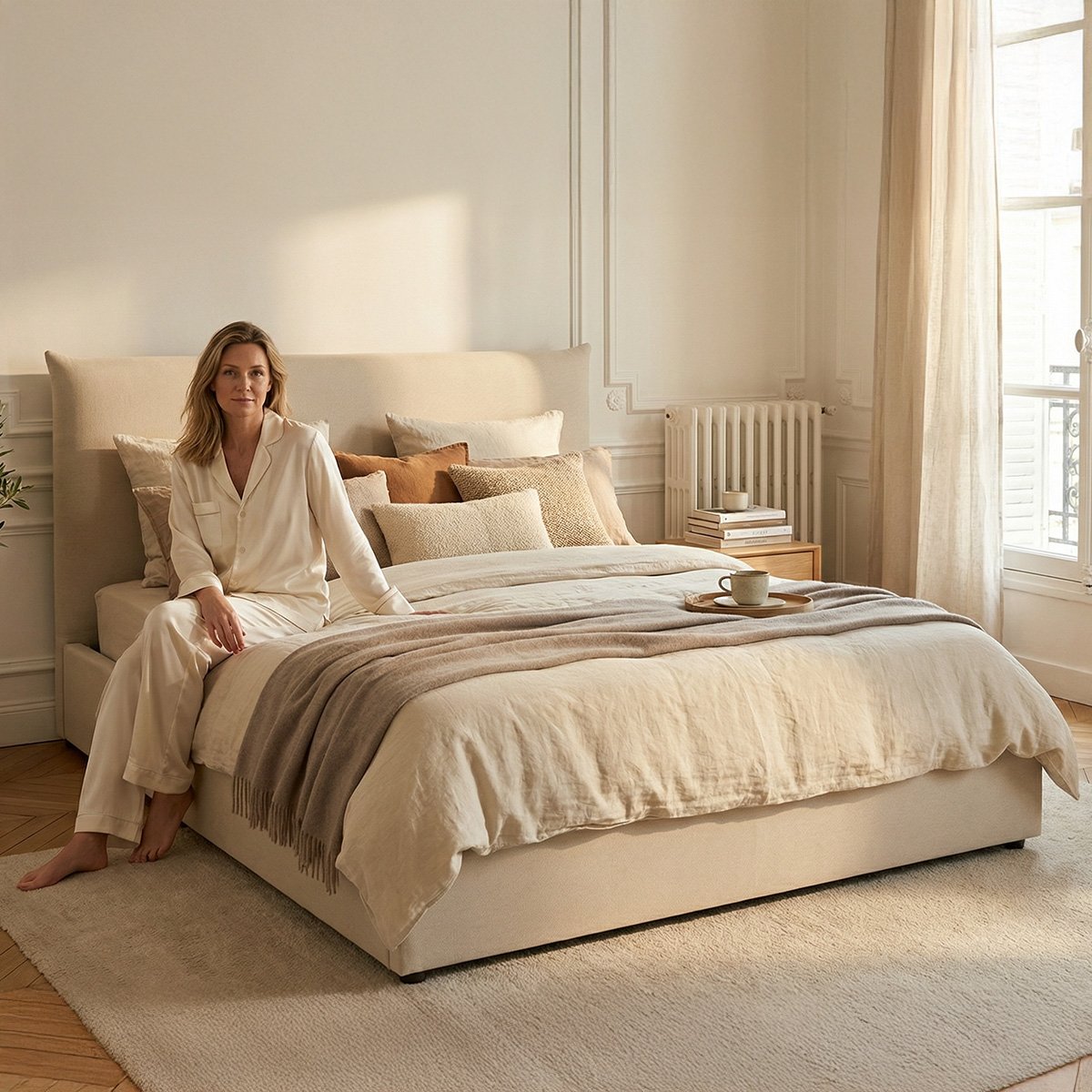 Lit coffre - Effet lin beige - OPÉRA beige, MAISON AUBERTIN