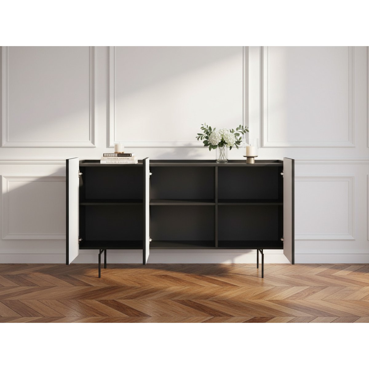 Buffet bas en panneaux de particules et MDF 4 portes 150 cm, MATHILDE noir, BOBOCHIC