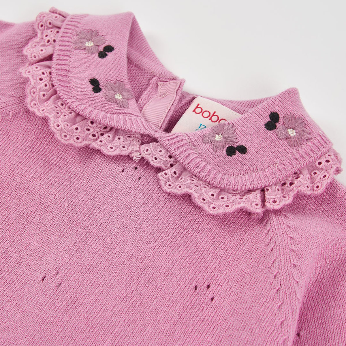 Pull fille avec col brodé de fleurs rose, BOBOLI