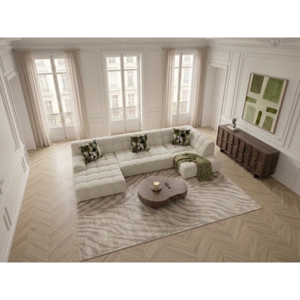 Canapé d'angle convertible 4 places en tissu texturé, ANDRE blanc, BOBOCHIC