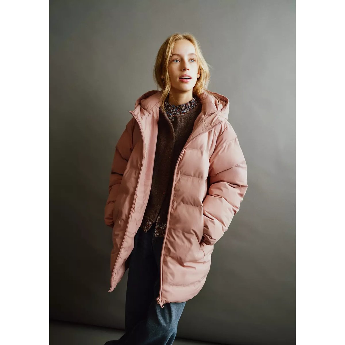Anorak long matelassé capuche rose, MANGO KIDS