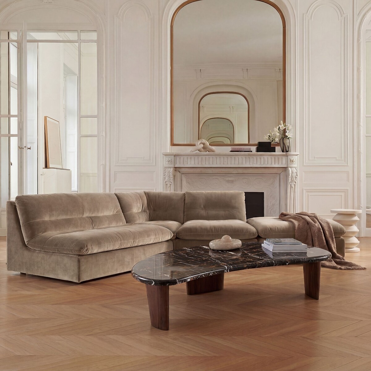 Chauffeuse modulable en velours stonewashed, GIULIANO gris shiitaké, AM.PM