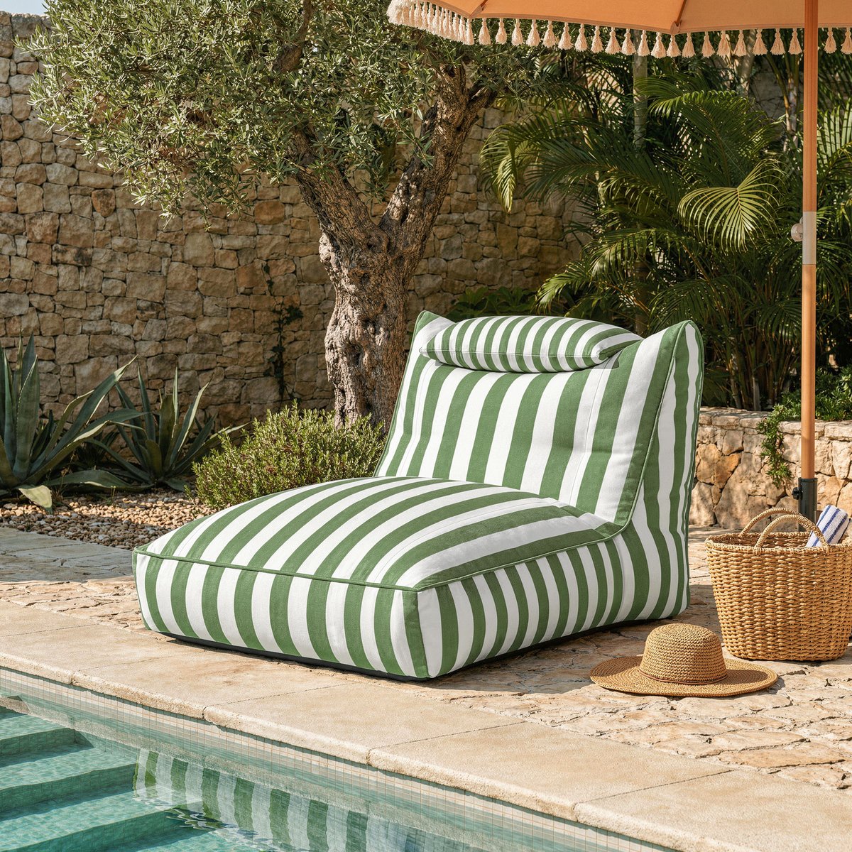 Ensemble pouf chauffeuse et coussin de sol extérieur en tissu tissé rayé, Oeko-Tex® - NOVA vert olive, ICON
