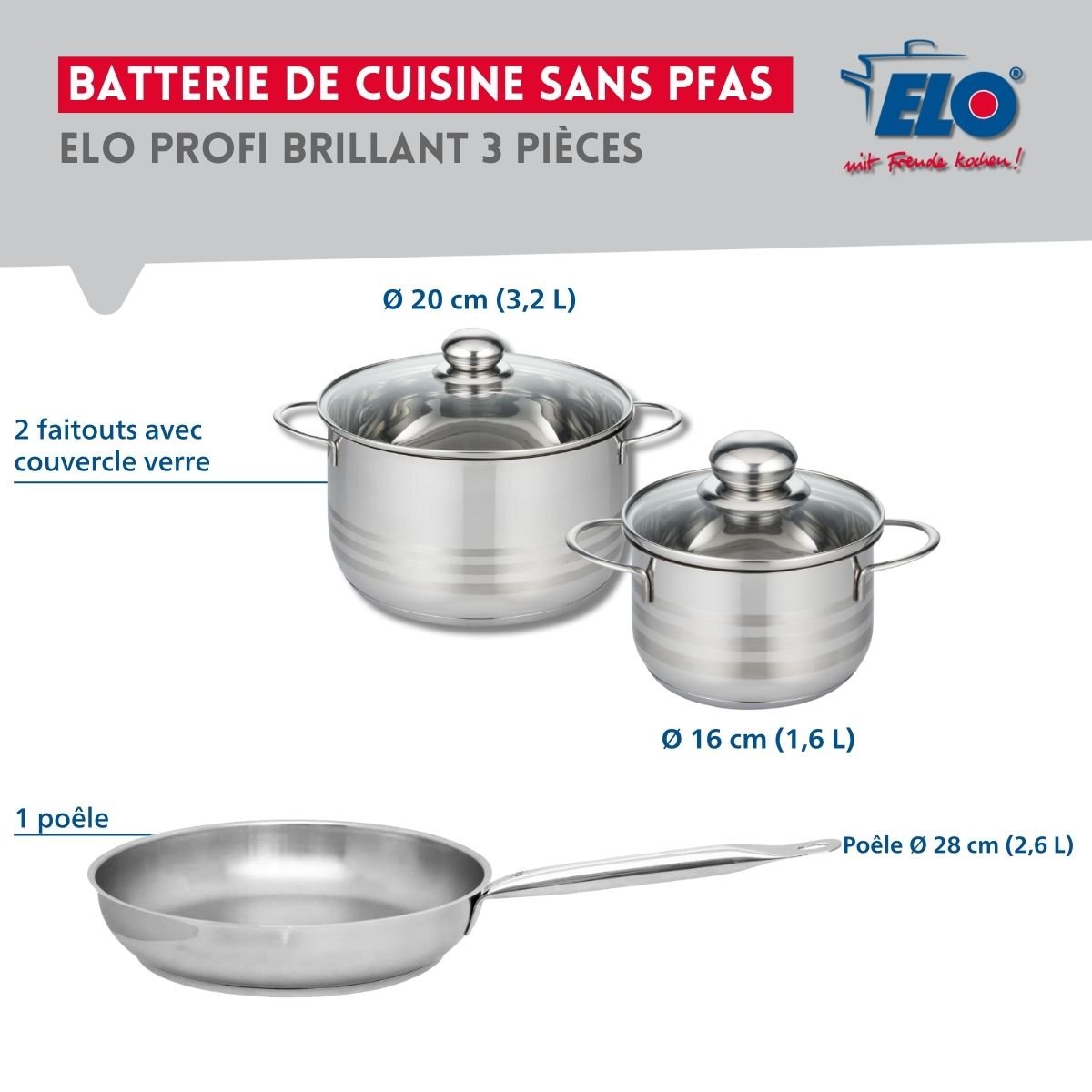 Batterie 1 poêle 28cm + 2 faitouts 16/20cm PROFI BRILLANT inox, ELO