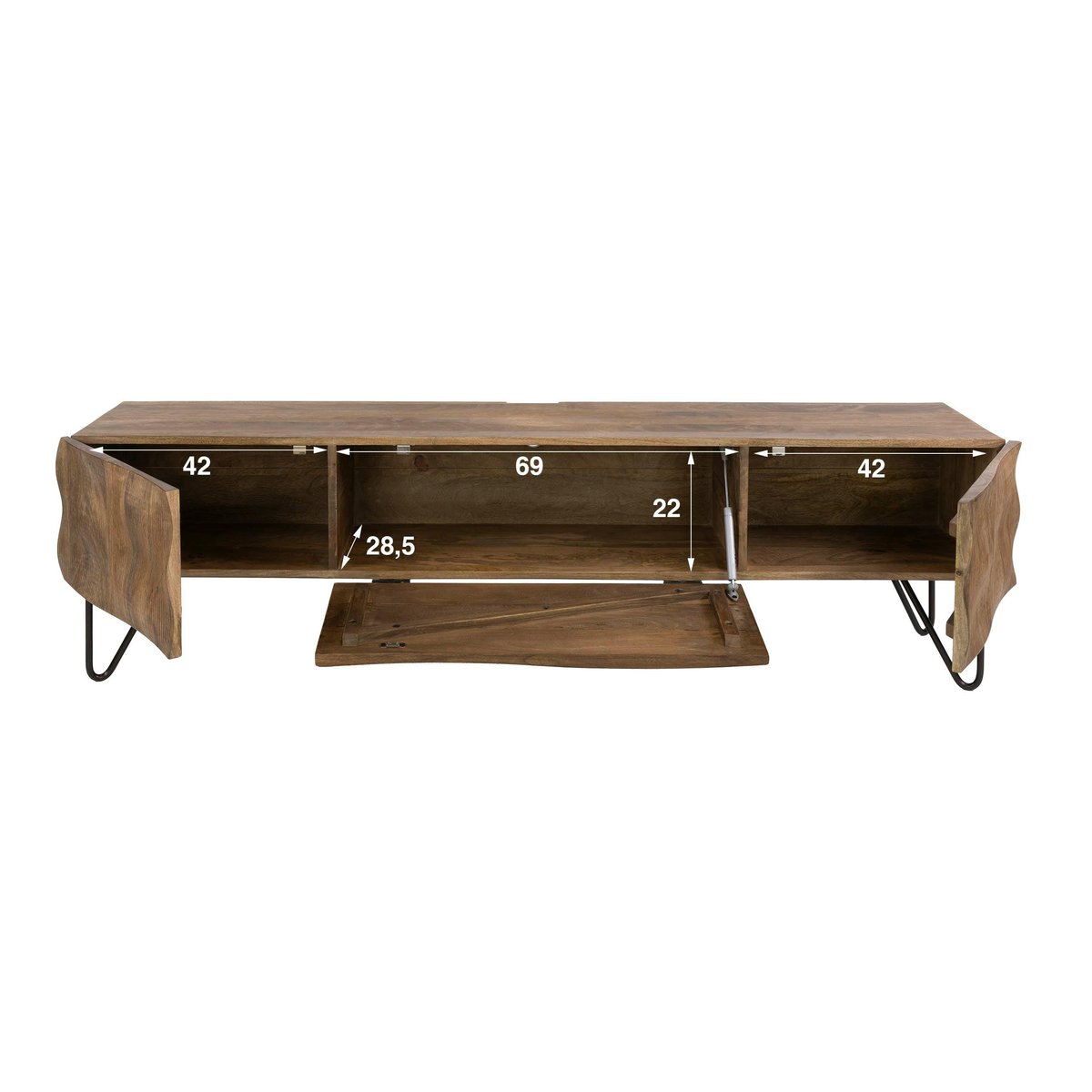 Meuble TV suspendu bois rainuré 2 portes 1 abattant DELHI beige, PIER IMPORT