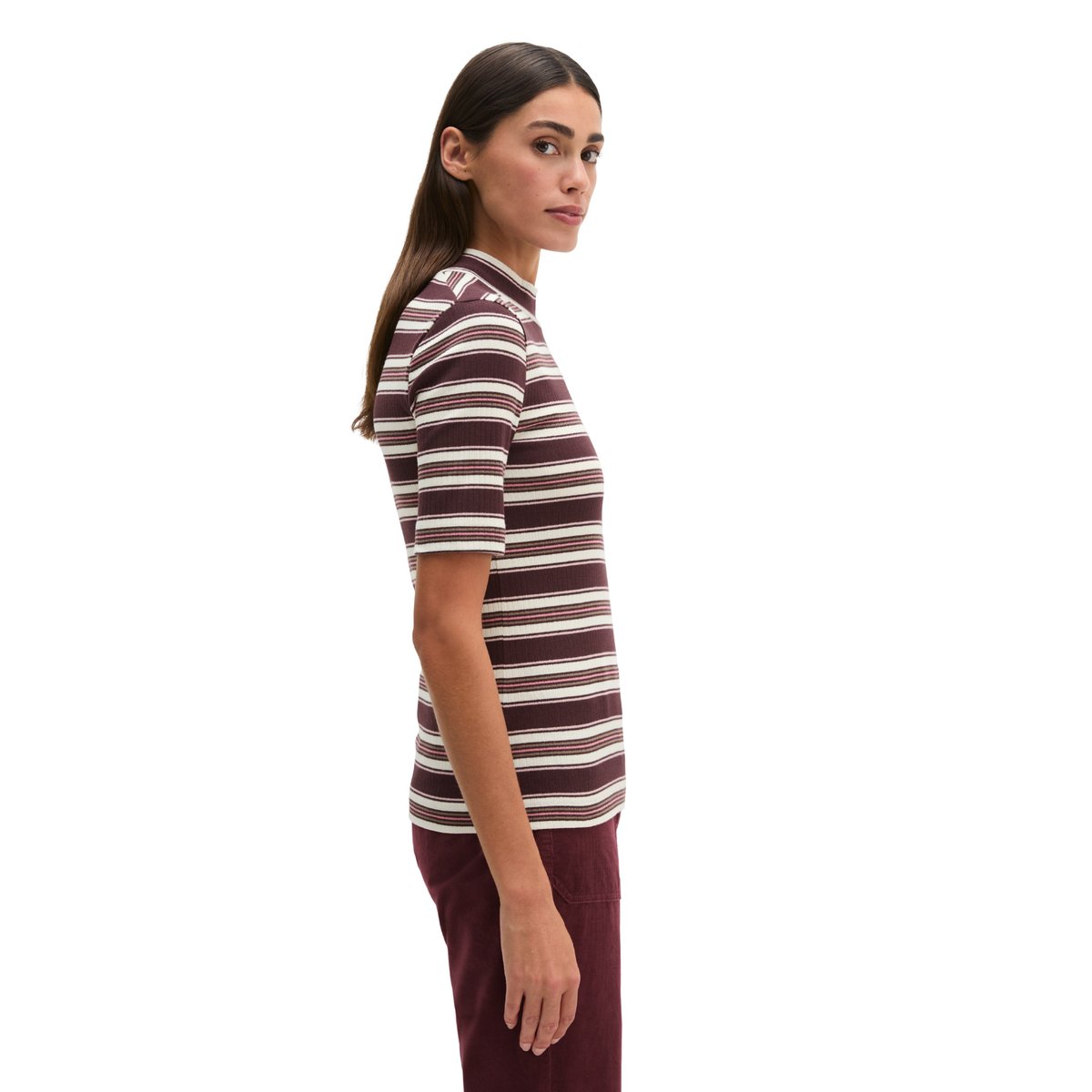 T-shirt côtelé en milleraies slim en jersey stretch doux en coton modal rouge, MARC O'POLO