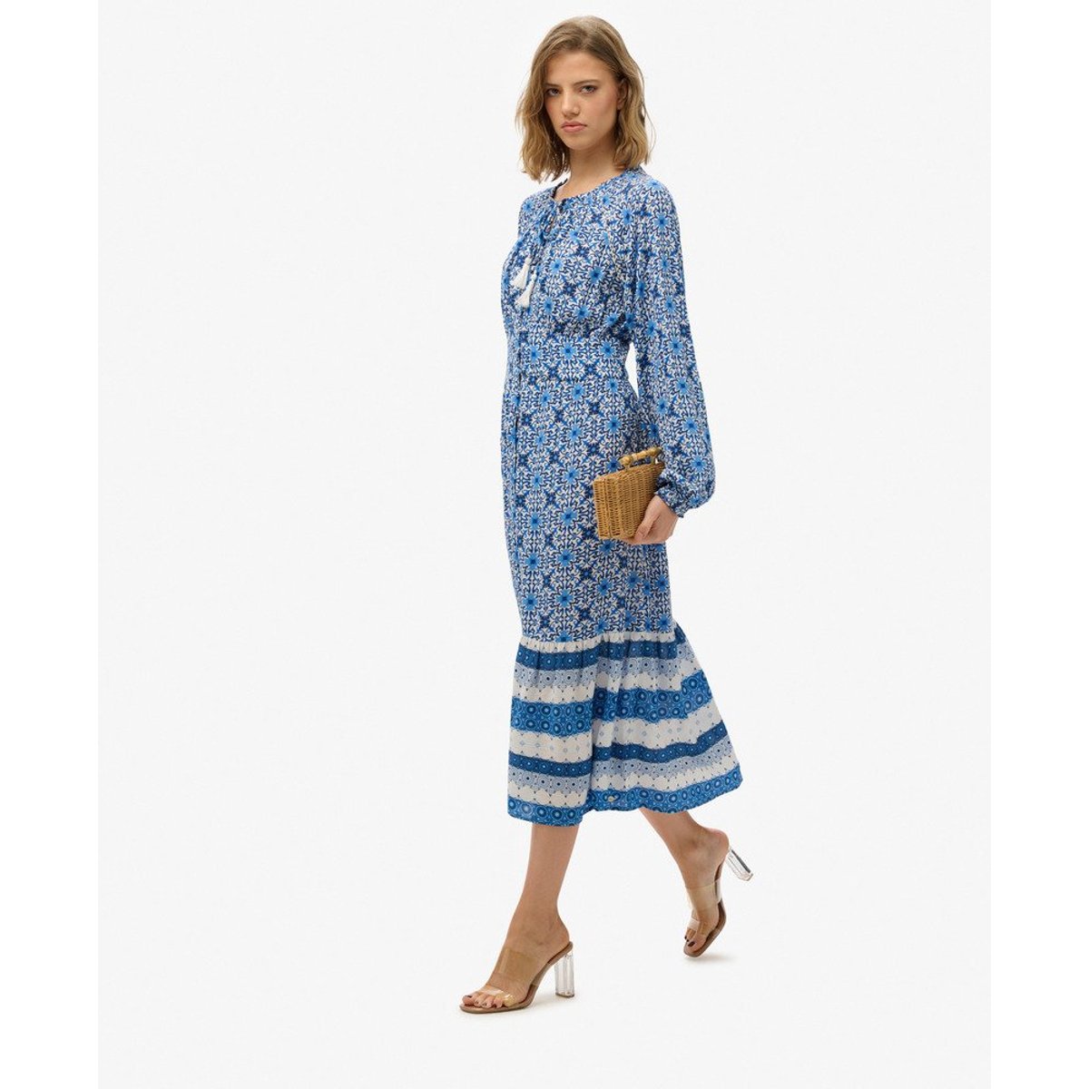Robe mi-longue imprimée à manches longues bleu border tala tile, SUPERDRY