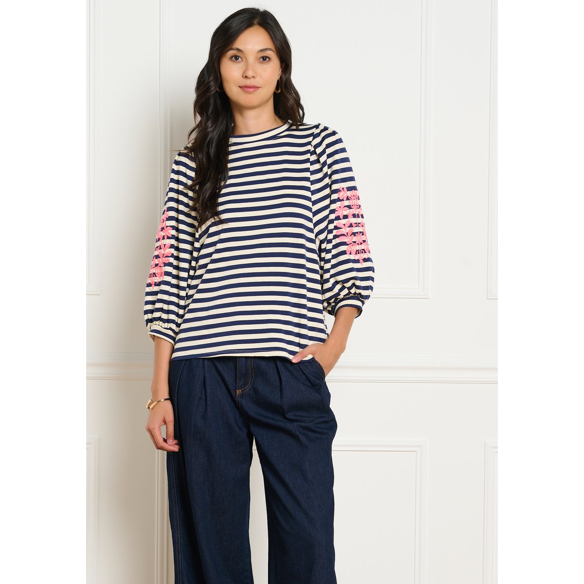 T-shirt rayé brodé bleu marine, LOLALIZA