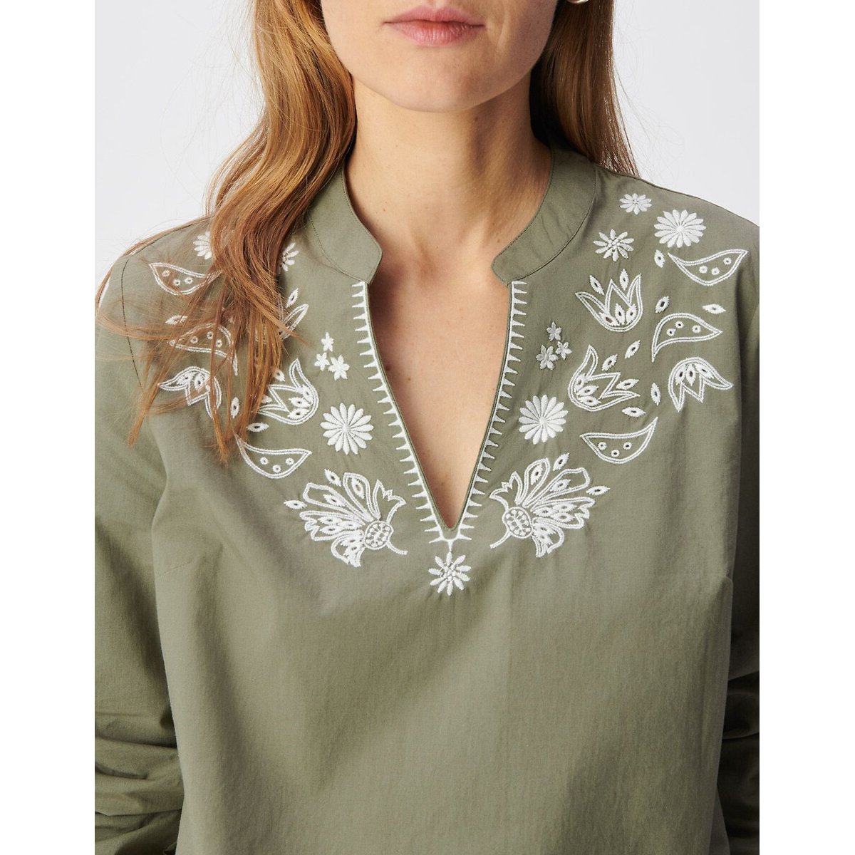 Blouse col V manches longues brodée kaki, IKKS