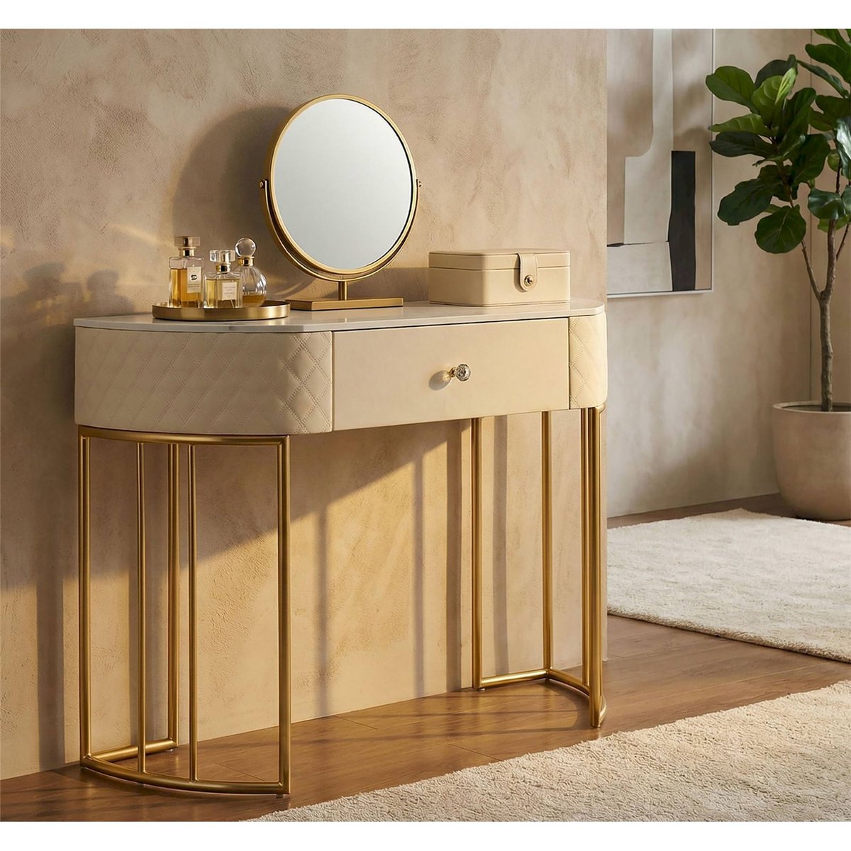 Console capitonnée piètement métal GLAM blanc et doré, RECOLLECTION