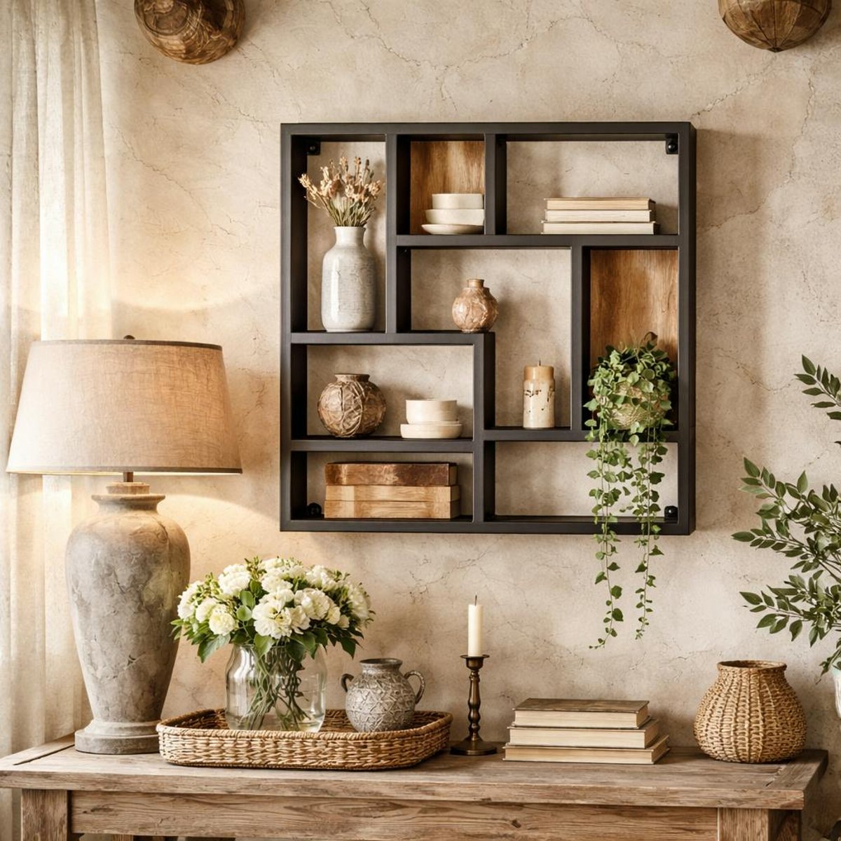 Etagère murale design carré bois clair métal noir RIVANO bois naturel, PIER IMPORT